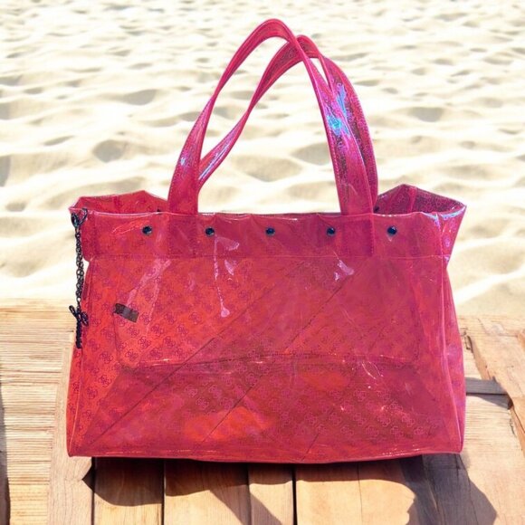 GUESS Lg Clear Tote Beach PVC Bag with Tags Orange Fun - Picture 1 of 11